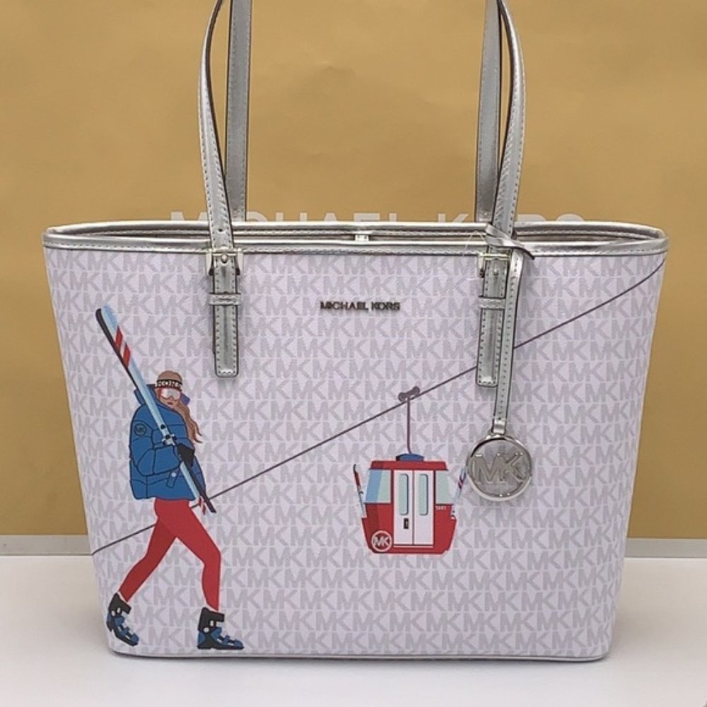 Michael Kors Signature Jet Set Girls Medium Carryall Tote Bright White Multi - Picture 3 of 16